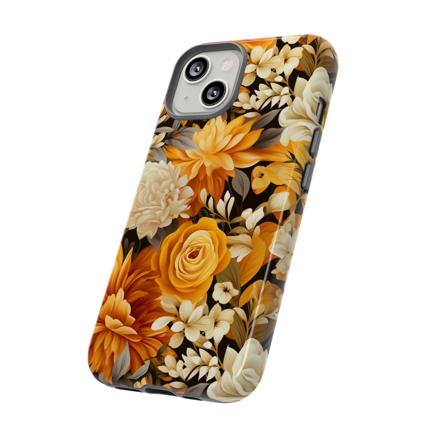 Autumnal Romance: Golden and White Blossoms on Black - Tough Phone Case