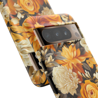 Autumnal Romance: Golden and White Blossoms on Black - Tough Phone Case