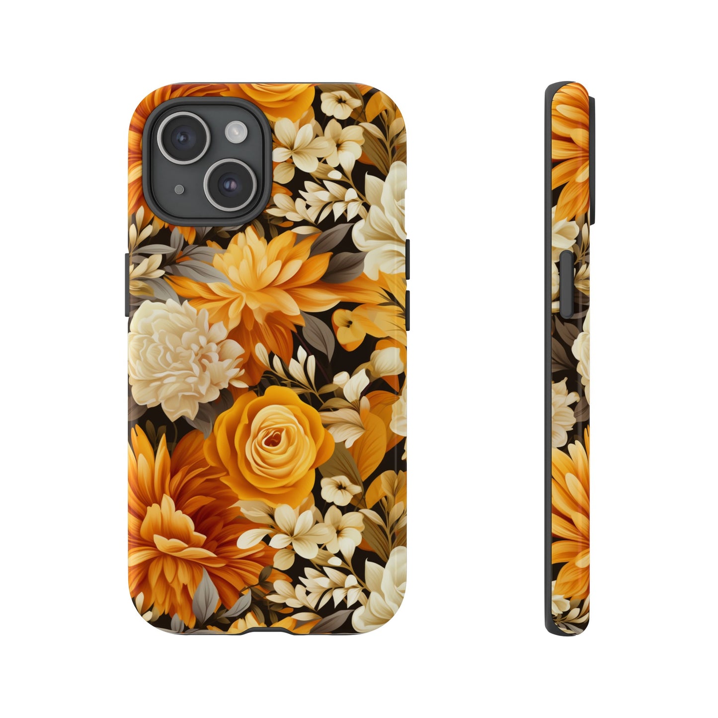 Autumnal Romance: Golden and White Blossoms on Black - Tough Phone Case