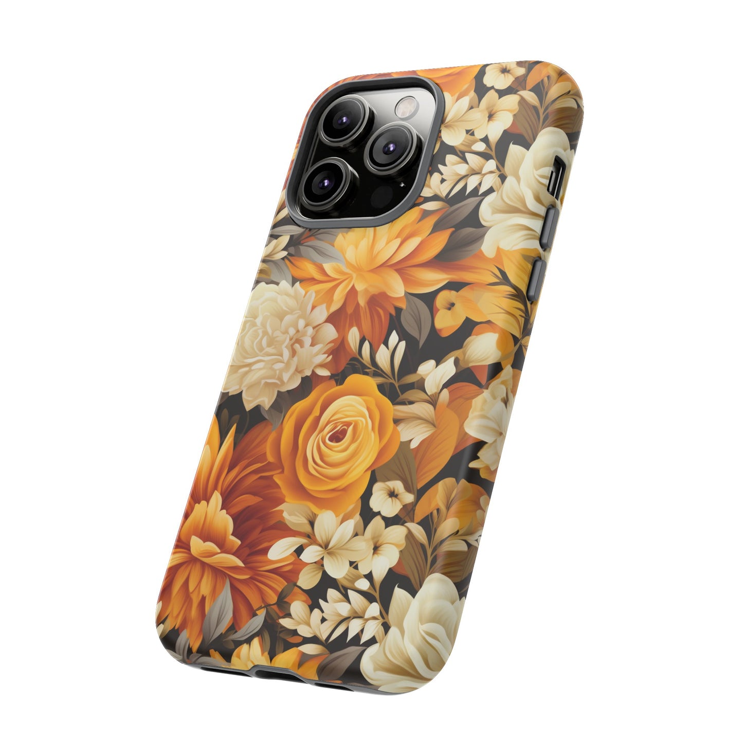 Autumnal Romance: Golden and White Blossoms on Black - Tough Phone Case