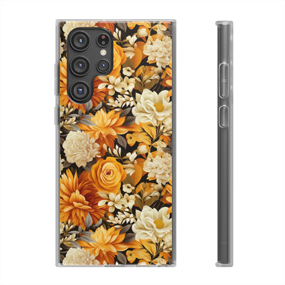 Autumnal Romance: Golden and White Blossoms on Black - Flexible Phone Case