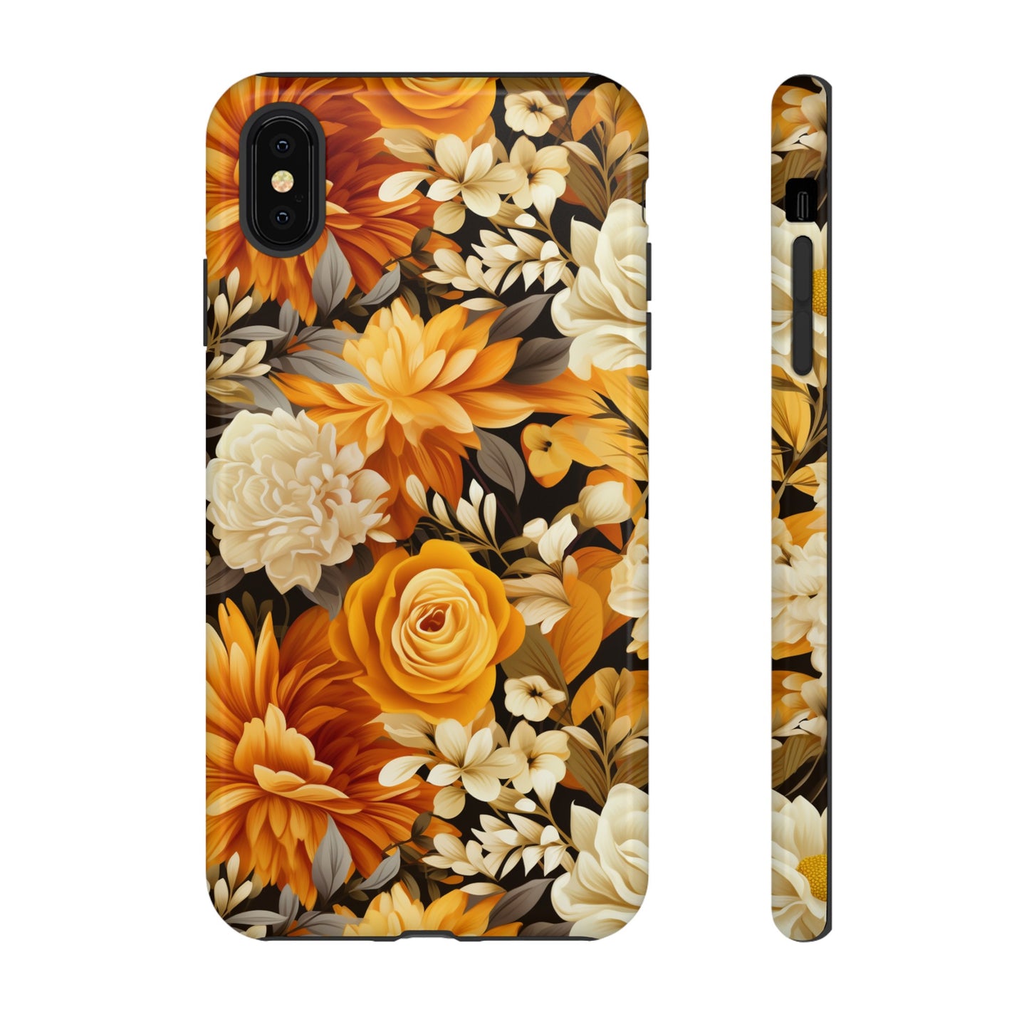 Autumnal Romance: Golden and White Blossoms on Black - Tough Phone Case