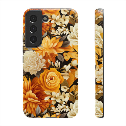 Autumnal Romance: Golden and White Blossoms on Black - Tough Phone Case