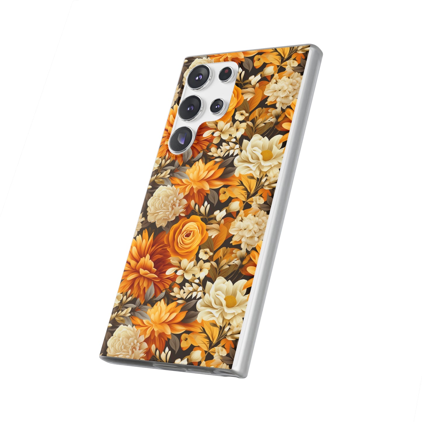 Autumnal Romance: Golden and White Blossoms on Black - Flexible Phone Case