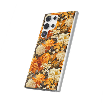 Autumnal Romance: Golden and White Blossoms on Black - Flexible Phone Case