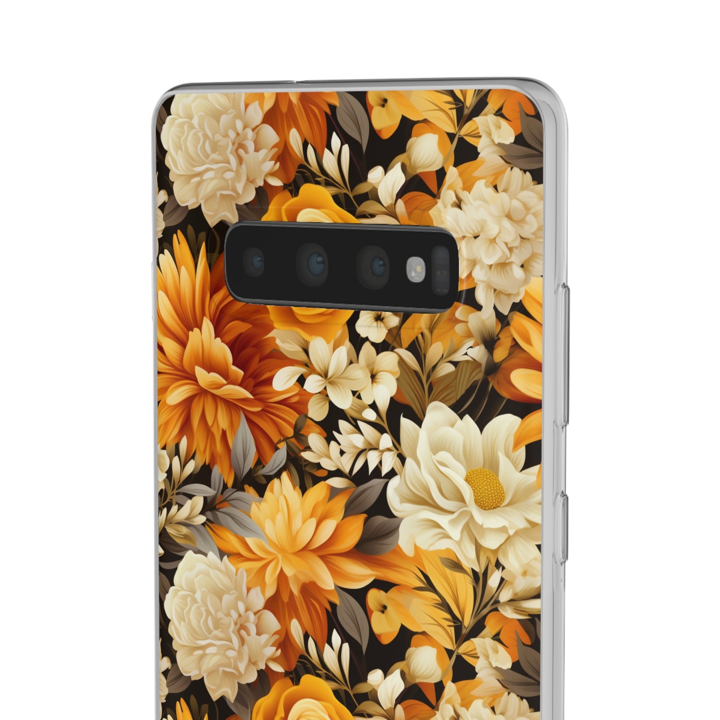 Autumnal Romance: Golden and White Blossoms on Black - Flexible Phone Case