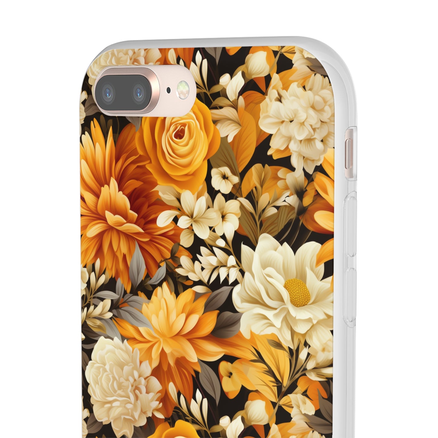 Autumnal Romance: Golden and White Blossoms on Black - Flexible Phone Case