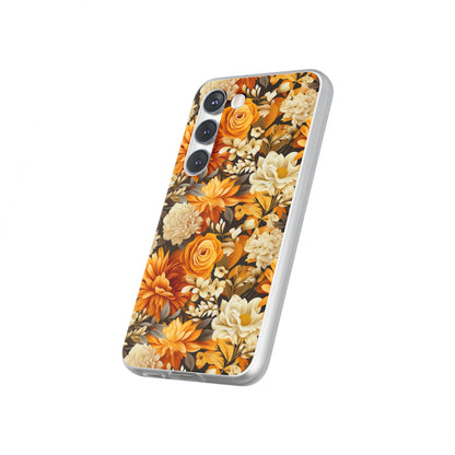 Autumnal Romance: Golden and White Blossoms on Black - Flexible Phone Case