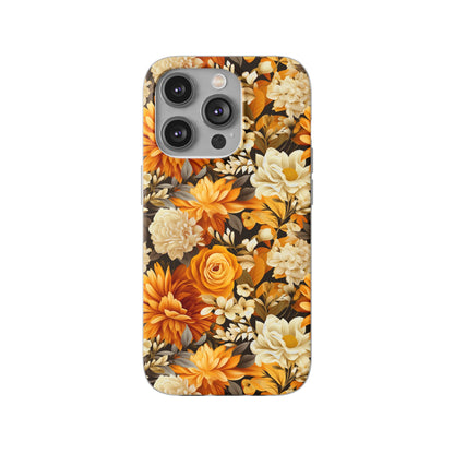 Autumnal Romance: Golden and White Blossoms on Black - Flexible Phone Case