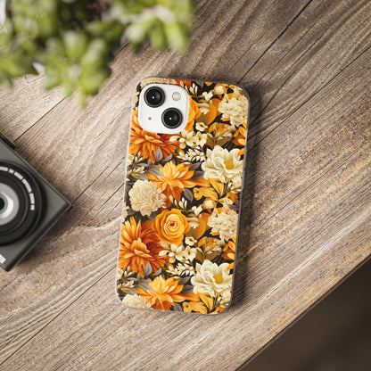 Autumnal Romance: Golden and White Blossoms on Black - Flexible Phone Case