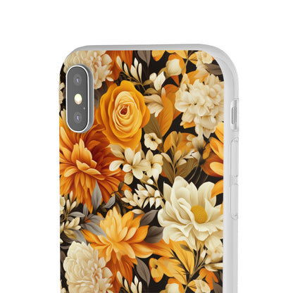 Autumnal Romance: Golden and White Blossoms on Black - Flexible Phone Case