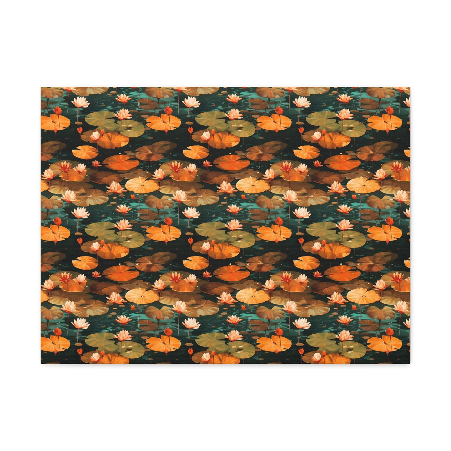 Orange Lotus Whisper: Autumn on the Water - Satin Canvas, Stretched