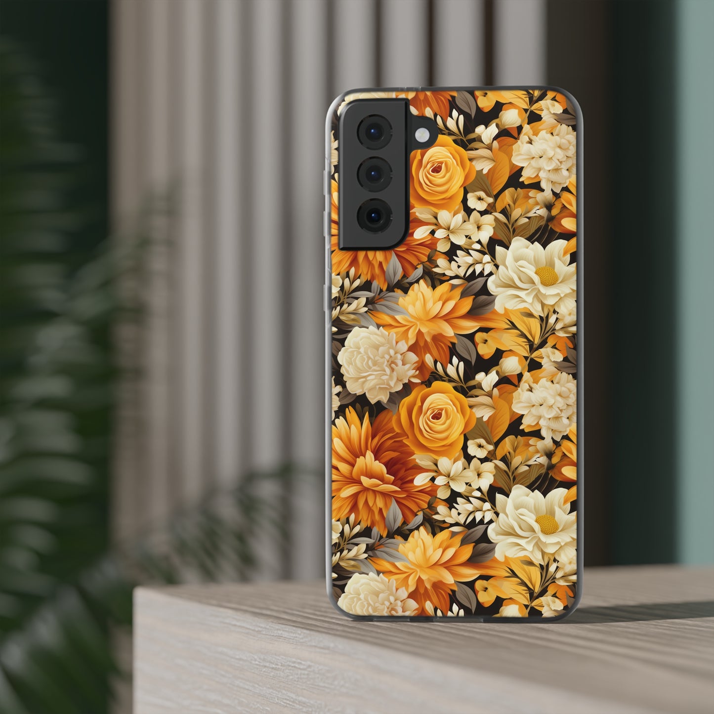 Autumnal Romance: Golden and White Blossoms on Black - Flexible Phone Case