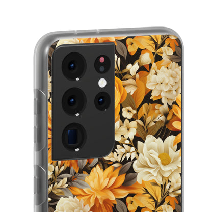 Autumnal Romance: Golden and White Blossoms on Black - Flexible Phone Case