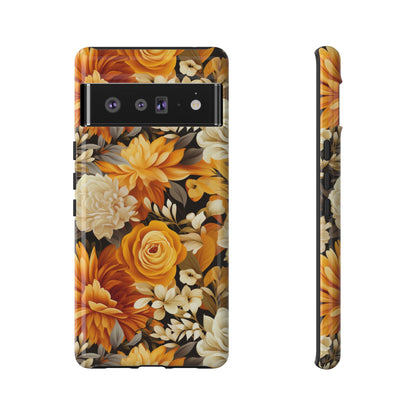 Autumnal Romance: Golden and White Blossoms on Black - Tough Phone Case