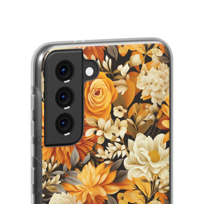 Autumnal Romance: Golden and White Blossoms on Black - Flexible Phone Case