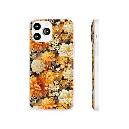 Autumnal Romance: Golden and White Blossoms on Black - Flexible Phone Case