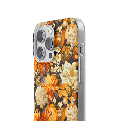 Autumnal Romance: Golden and White Blossoms on Black - Flexible Phone Case