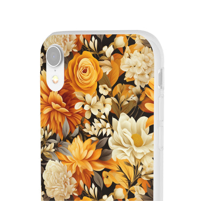 Autumnal Romance: Golden and White Blossoms on Black - Flexible Phone Case