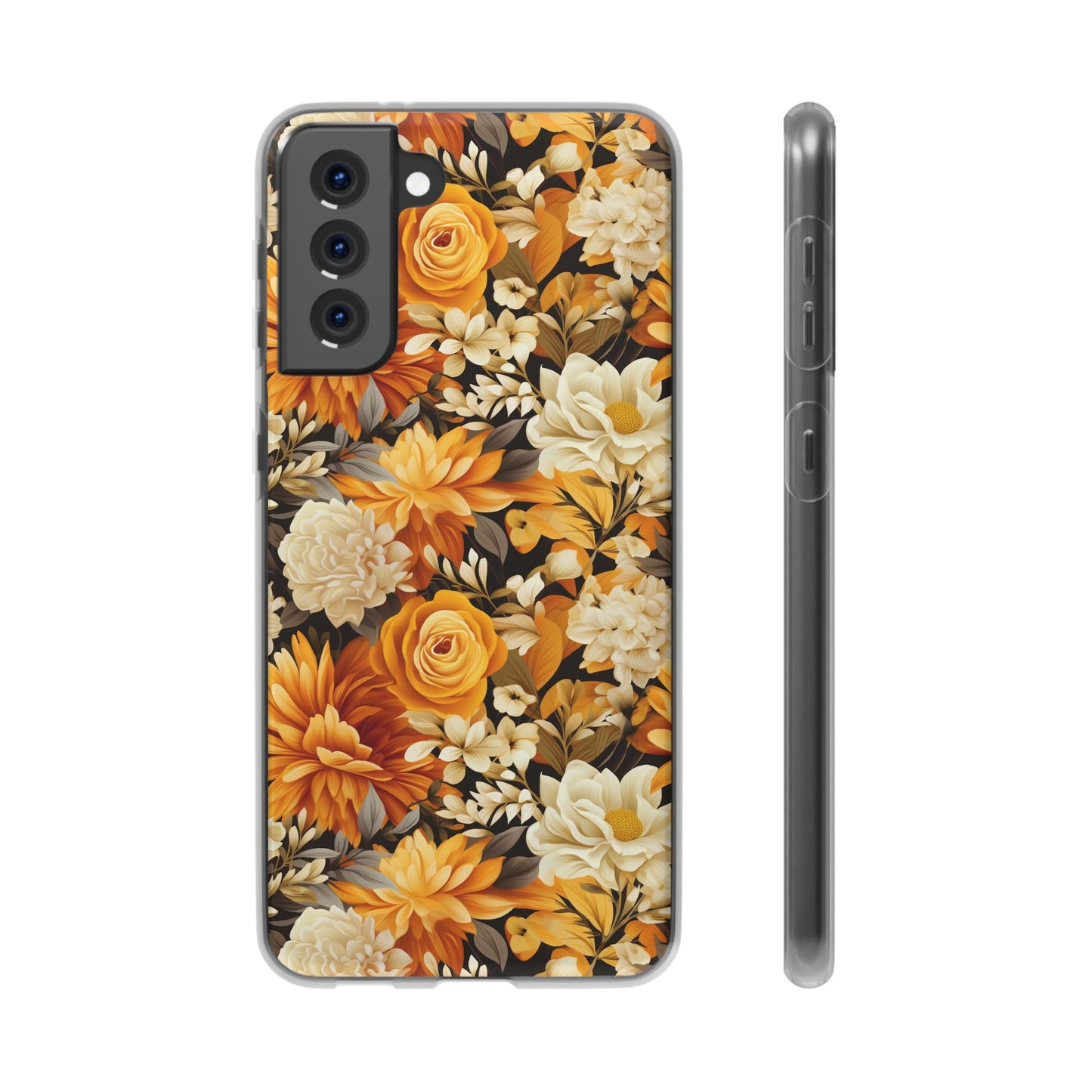 Autumnal Romance: Golden and White Blossoms on Black - Flexible Phone Case