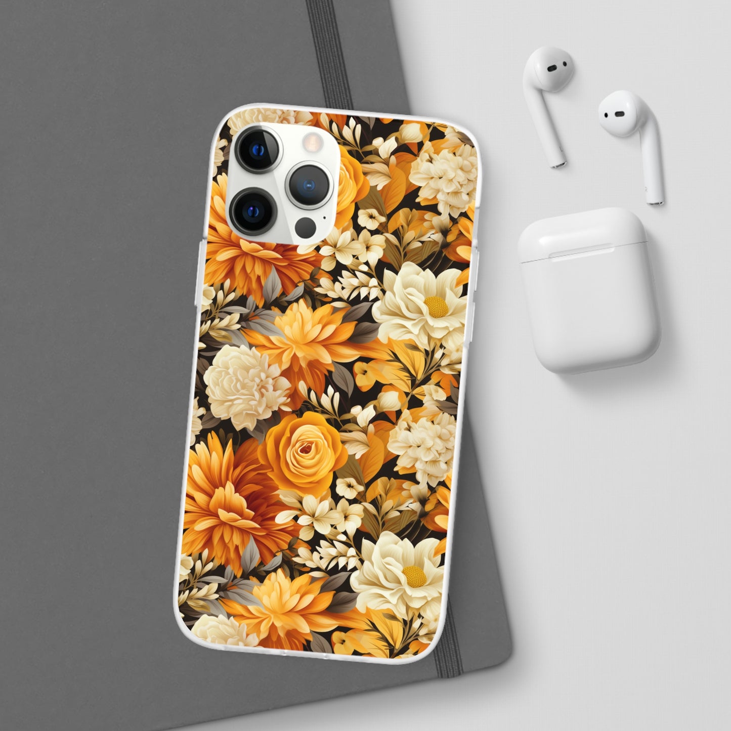 Autumnal Romance: Golden and White Blossoms on Black - Flexible Phone Case