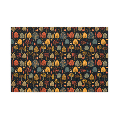 Mid-Century Mosaic: Dappled Leaves and Folk Imagery - Satin Canvas, Stretched