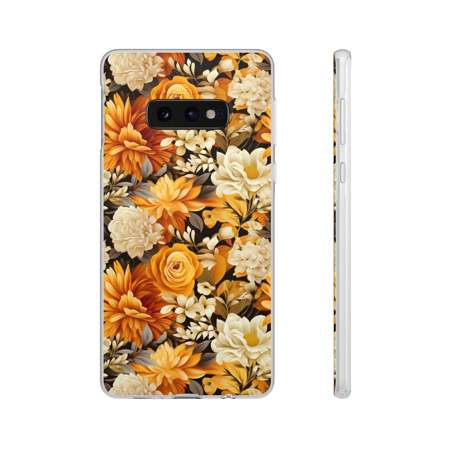 Autumnal Romance: Golden and White Blossoms on Black - Flexible Phone Case