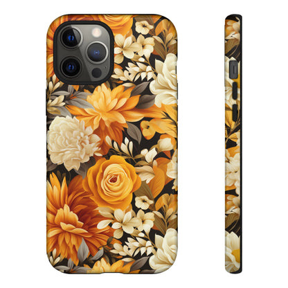 Autumnal Romance: Golden and White Blossoms on Black - Tough Phone Case