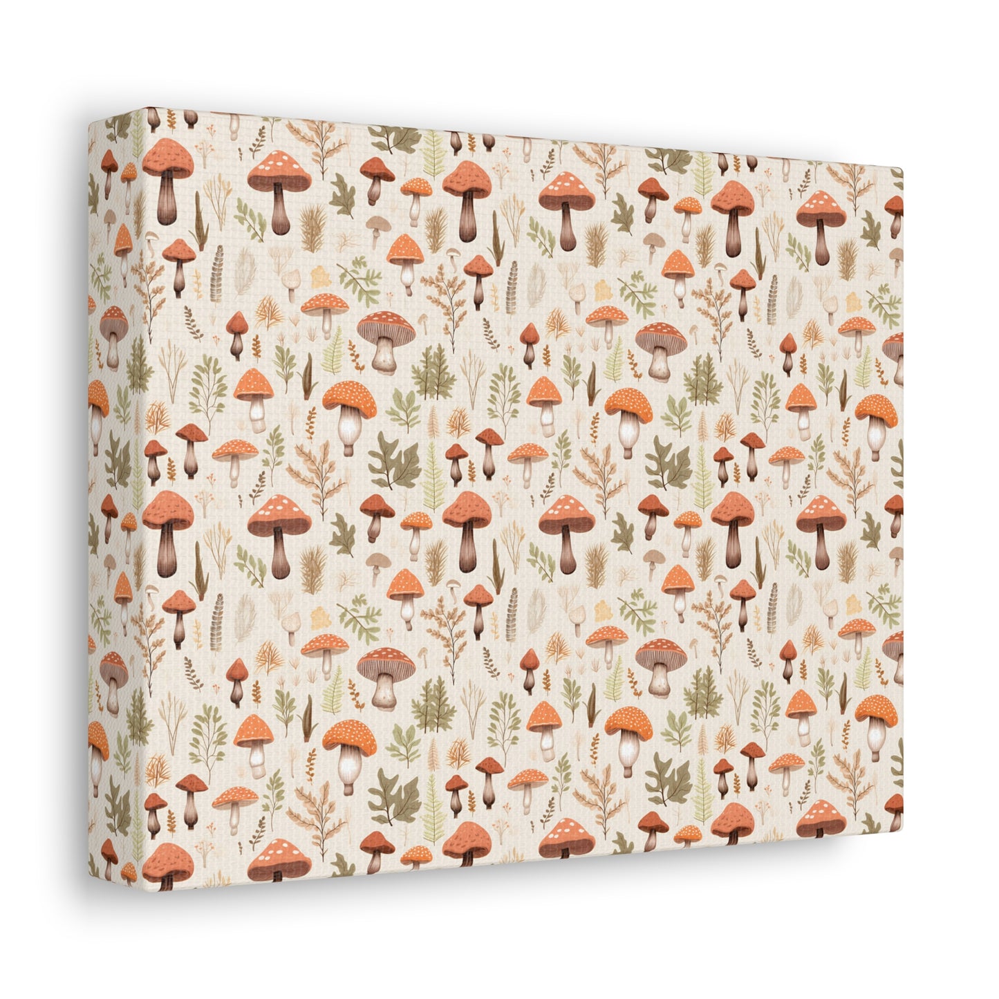 Mushroom Haven: Autumnal Tones Botanical Illustration - Satin Canvas, Stretched