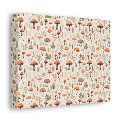 Mushroom Haven: Autumnal Tones Botanical Illustration - Satin Canvas, Stretched