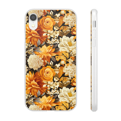 Autumnal Romance: Golden and White Blossoms on Black - Flexible Phone Case