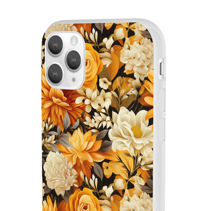 Autumnal Romance: Golden and White Blossoms on Black - Flexible Phone Case