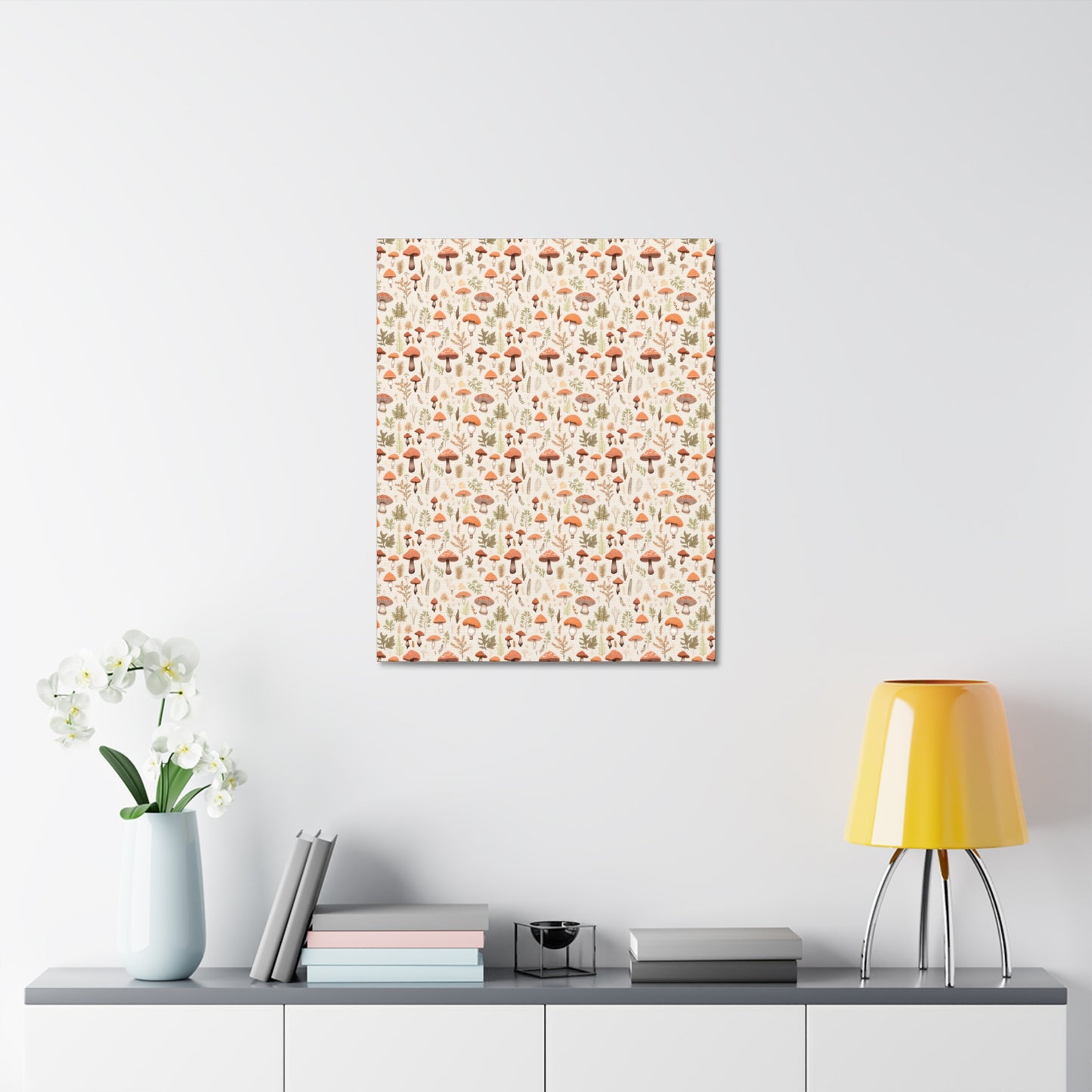 Mushroom Haven: Autumnal Tones Botanical Illustration - Satin Canvas, Stretched