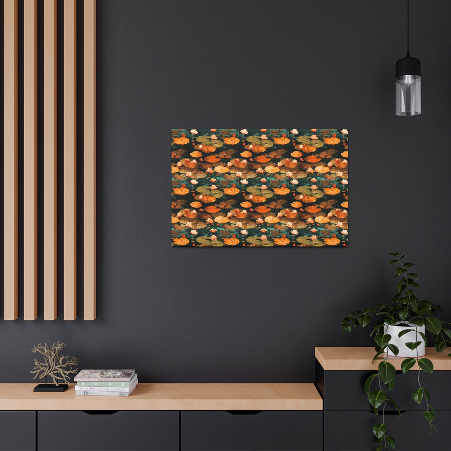 Orange Lotus Whisper: Autumn on the Water - Satin Canvas, Stretched