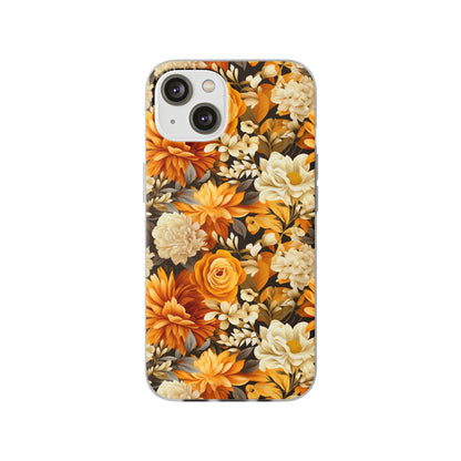 Autumnal Romance: Golden and White Blossoms on Black - Flexible Phone Case