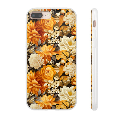 Autumnal Romance: Golden and White Blossoms on Black - Flexible Phone Case