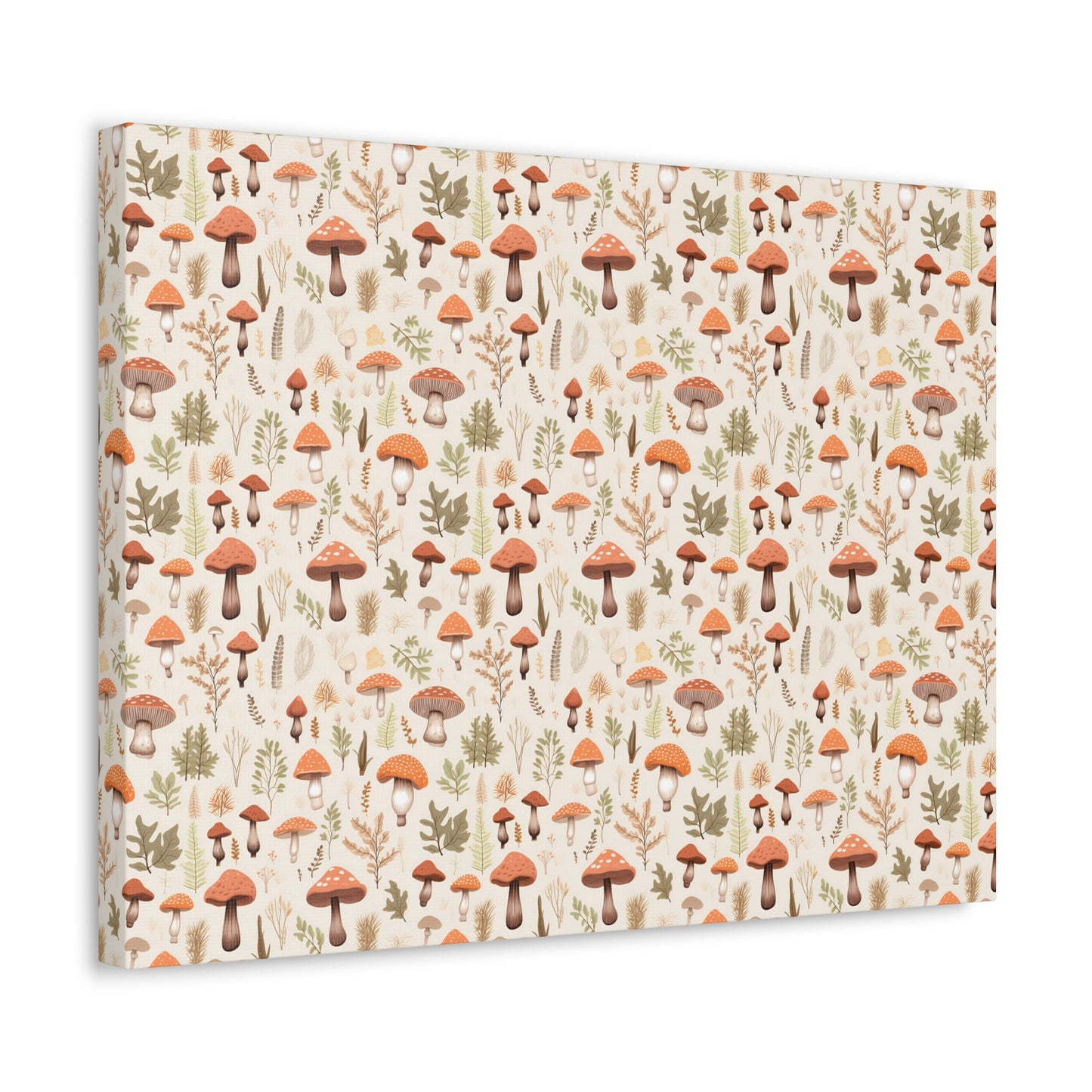 Mushroom Haven: Autumnal Tones Botanical Illustration - Satin Canvas, Stretched