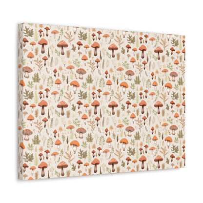 Mushroom Haven: Autumnal Tones Botanical Illustration - Satin Canvas, Stretched