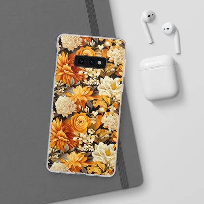 Autumnal Romance: Golden and White Blossoms on Black - Flexible Phone Case