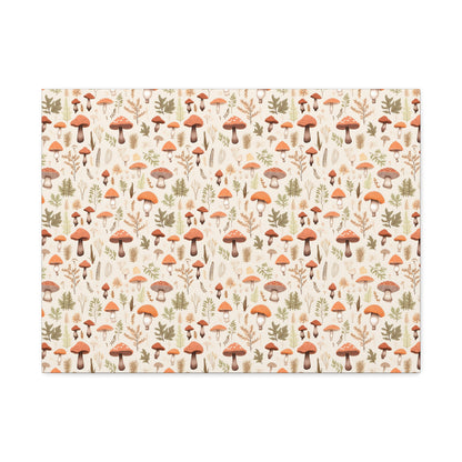 Mushroom Haven: Autumnal Tones Botanical Illustration - Satin Canvas, Stretched