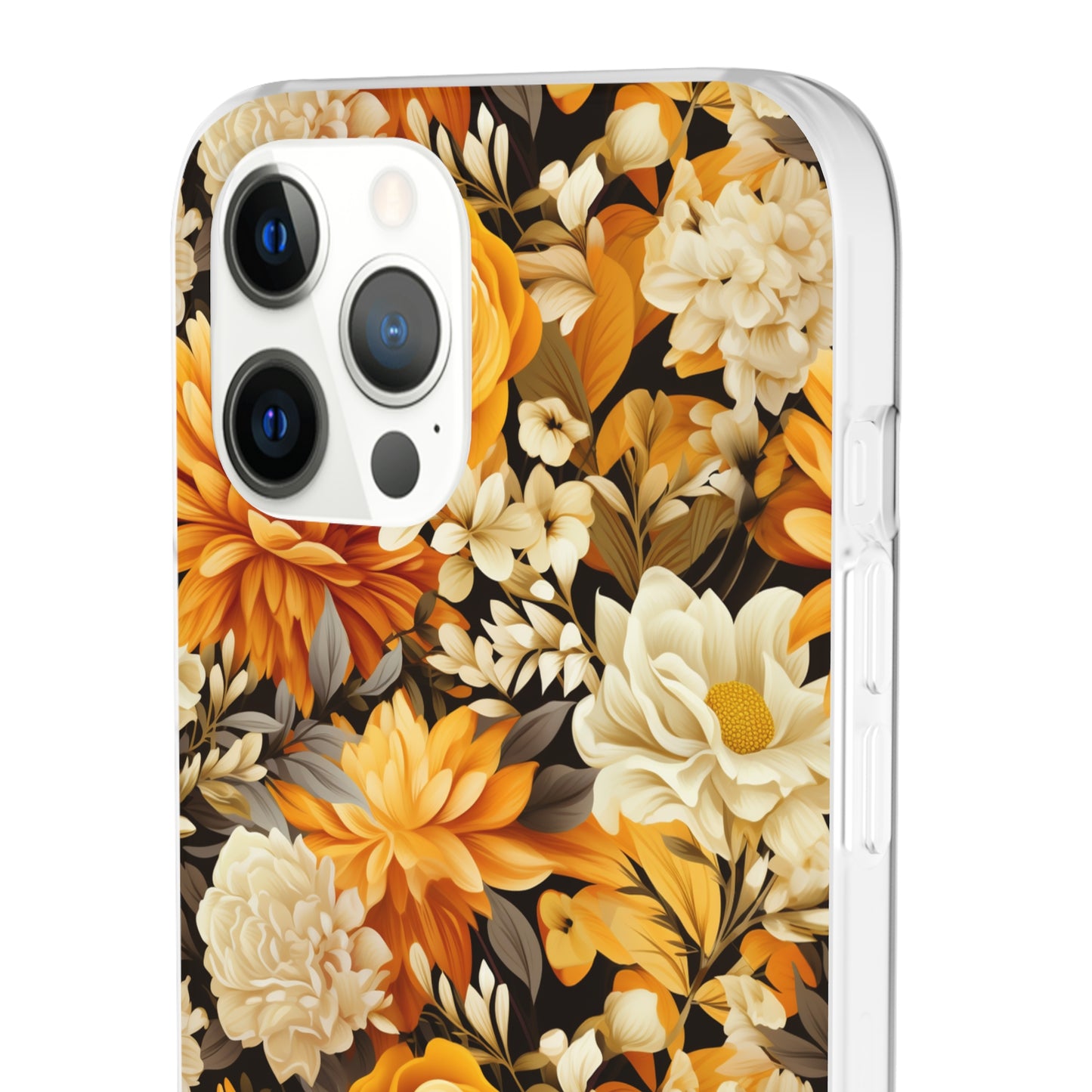 Autumnal Romance: Golden and White Blossoms on Black - Flexible Phone Case