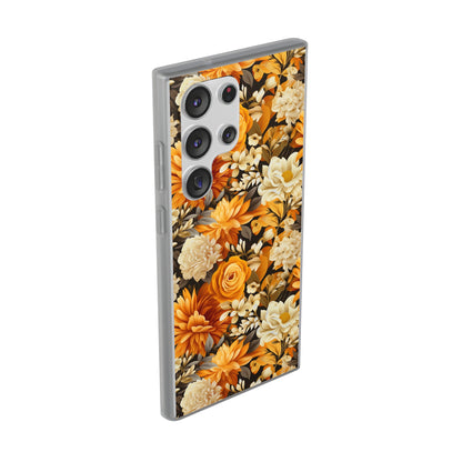 Autumnal Romance: Golden and White Blossoms on Black - Flexible Phone Case