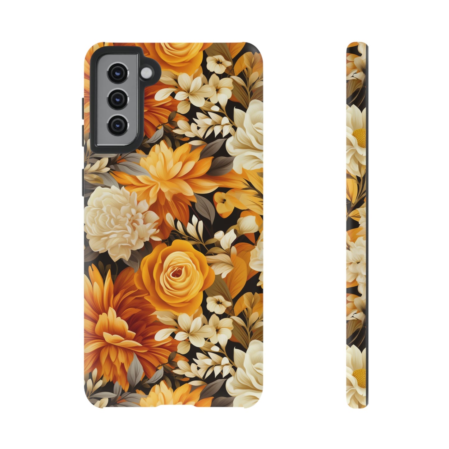 Autumnal Romance: Golden and White Blossoms on Black - Tough Phone Case