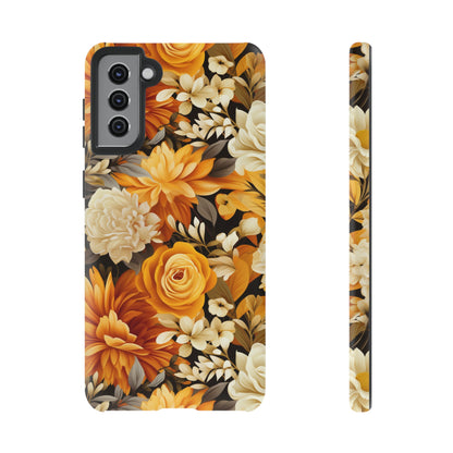 Autumnal Romance: Golden and White Blossoms on Black - Tough Phone Case