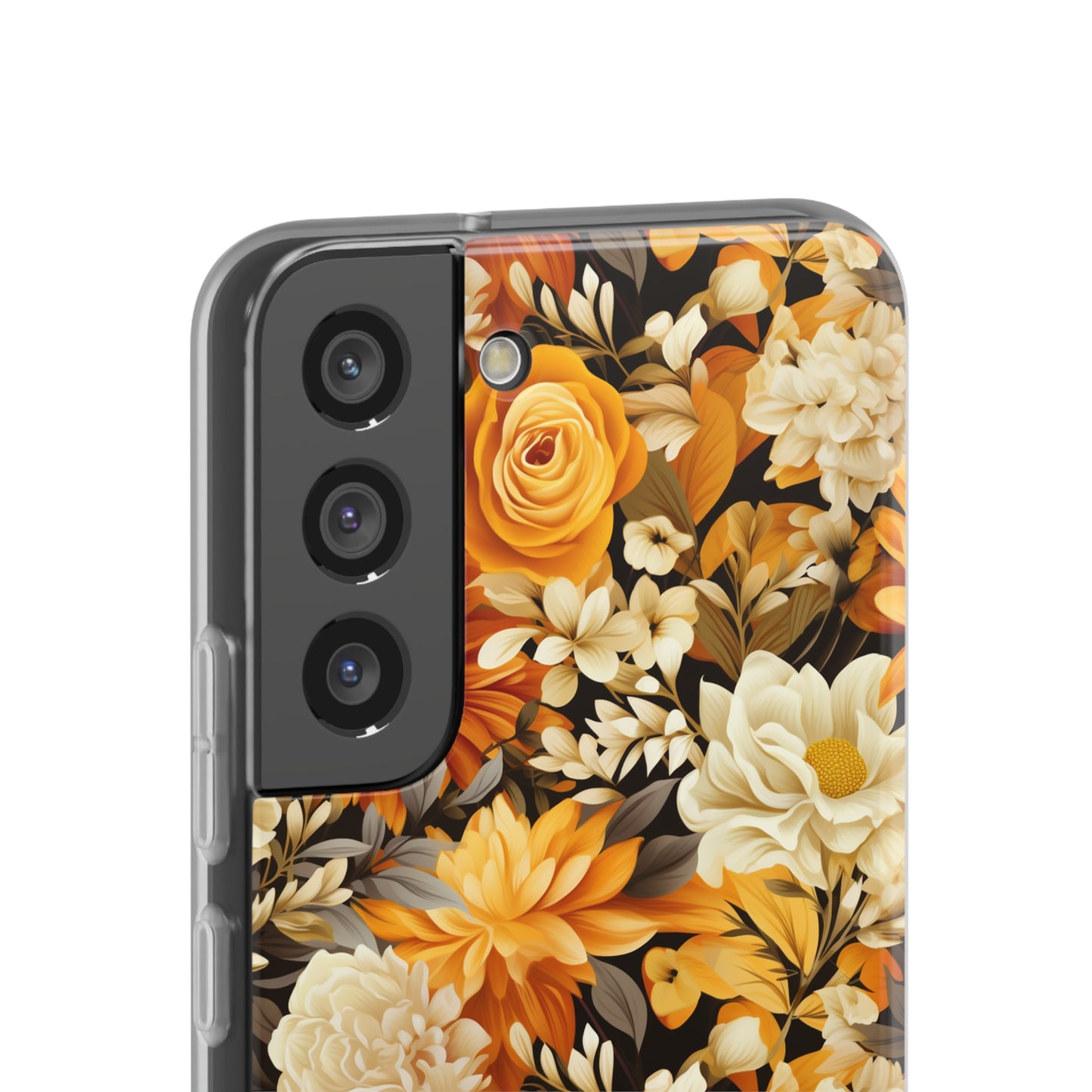 Autumnal Romance: Golden and White Blossoms on Black - Flexible Phone Case