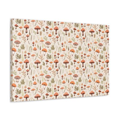 Mushroom Haven: Autumnal Tones Botanical Illustration - Satin Canvas, Stretched