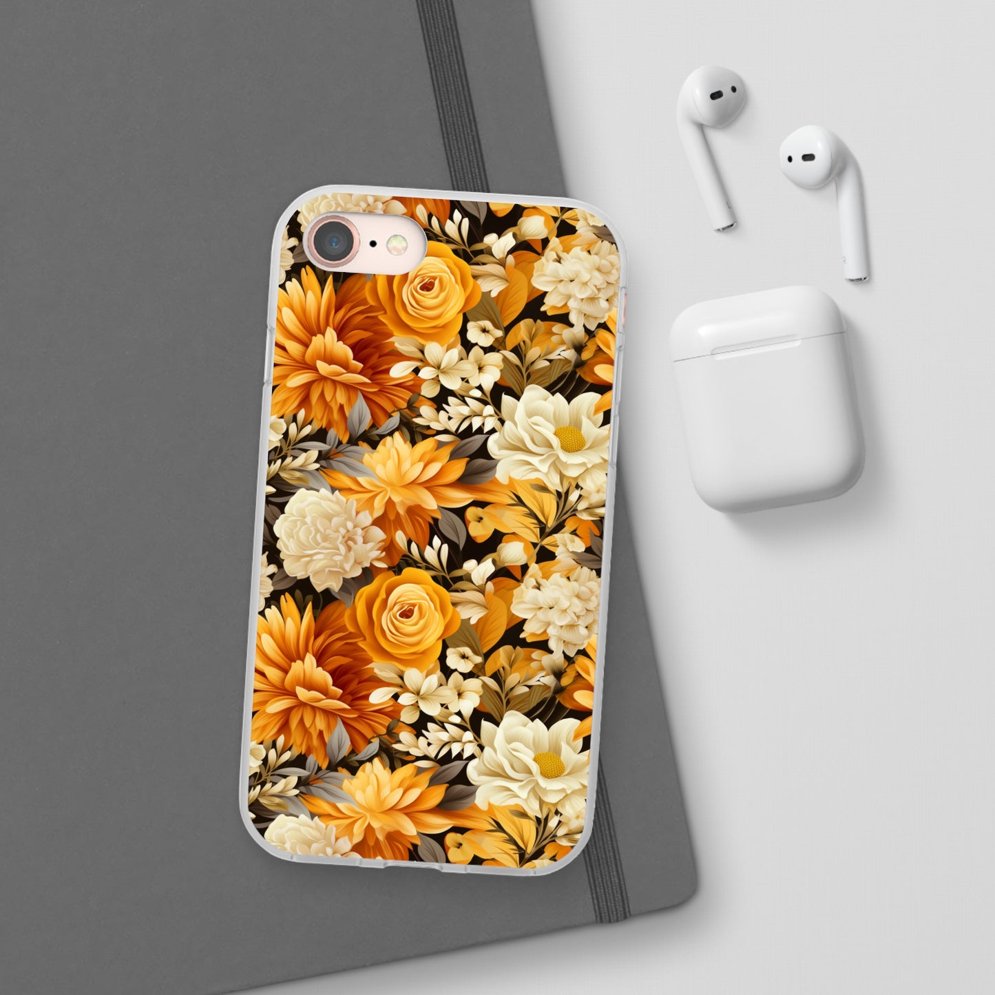 Autumnal Romance: Golden and White Blossoms on Black - Flexible Phone Case