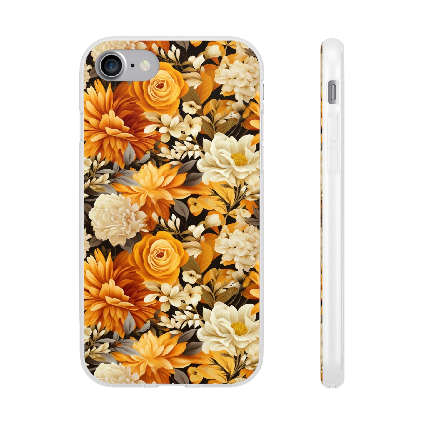 Autumnal Romance: Golden and White Blossoms on Black - Flexible Phone Case