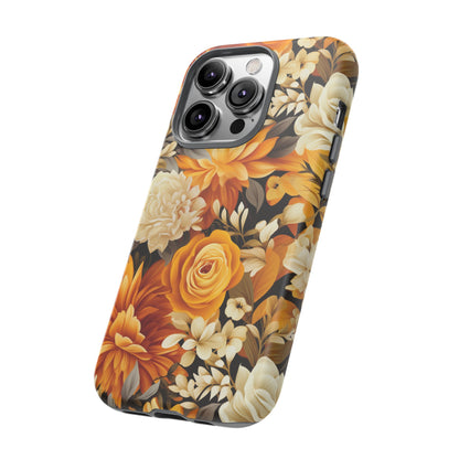 Autumnal Romance: Golden and White Blossoms on Black - Tough Phone Case