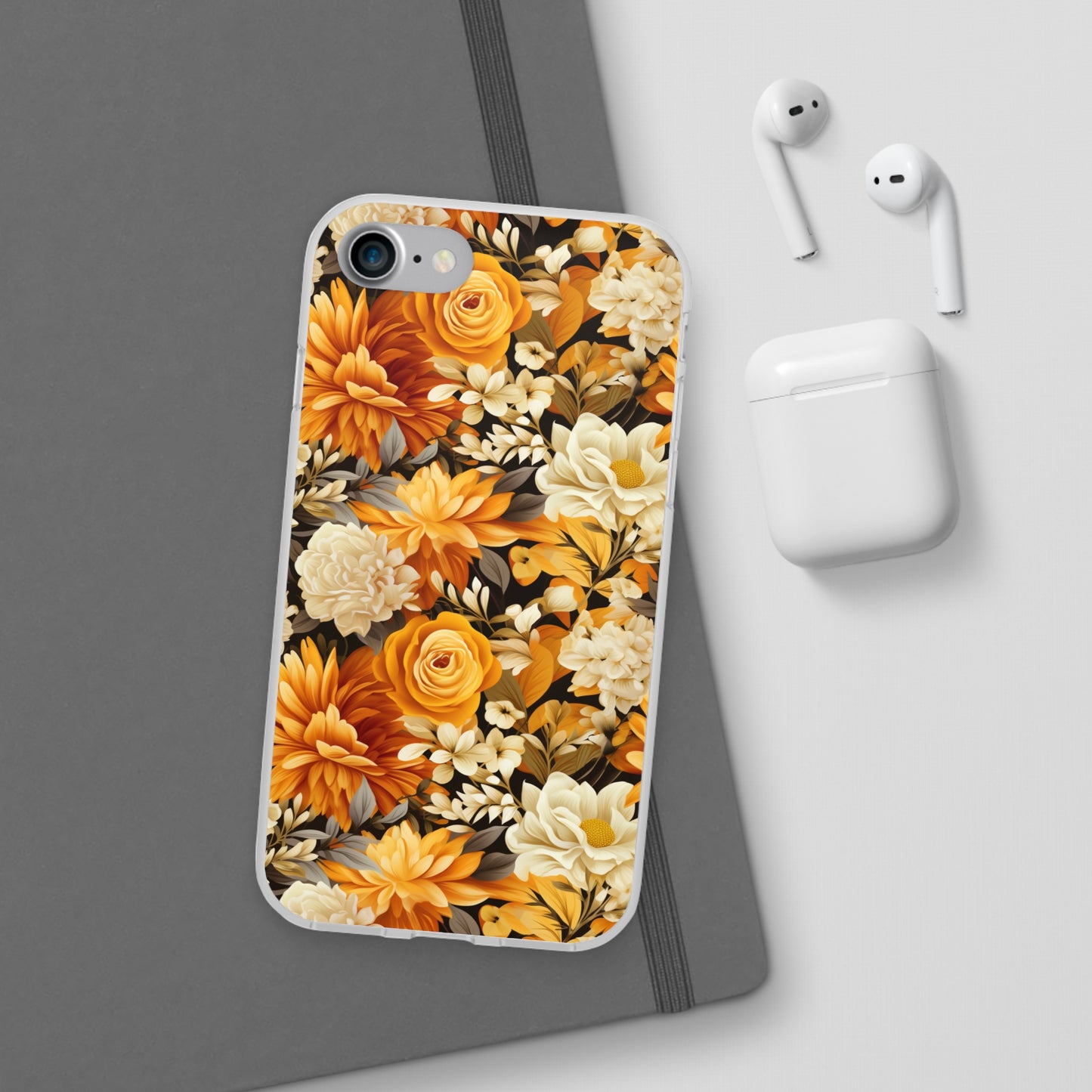 Autumnal Romance: Golden and White Blossoms on Black - Flexible Phone Case